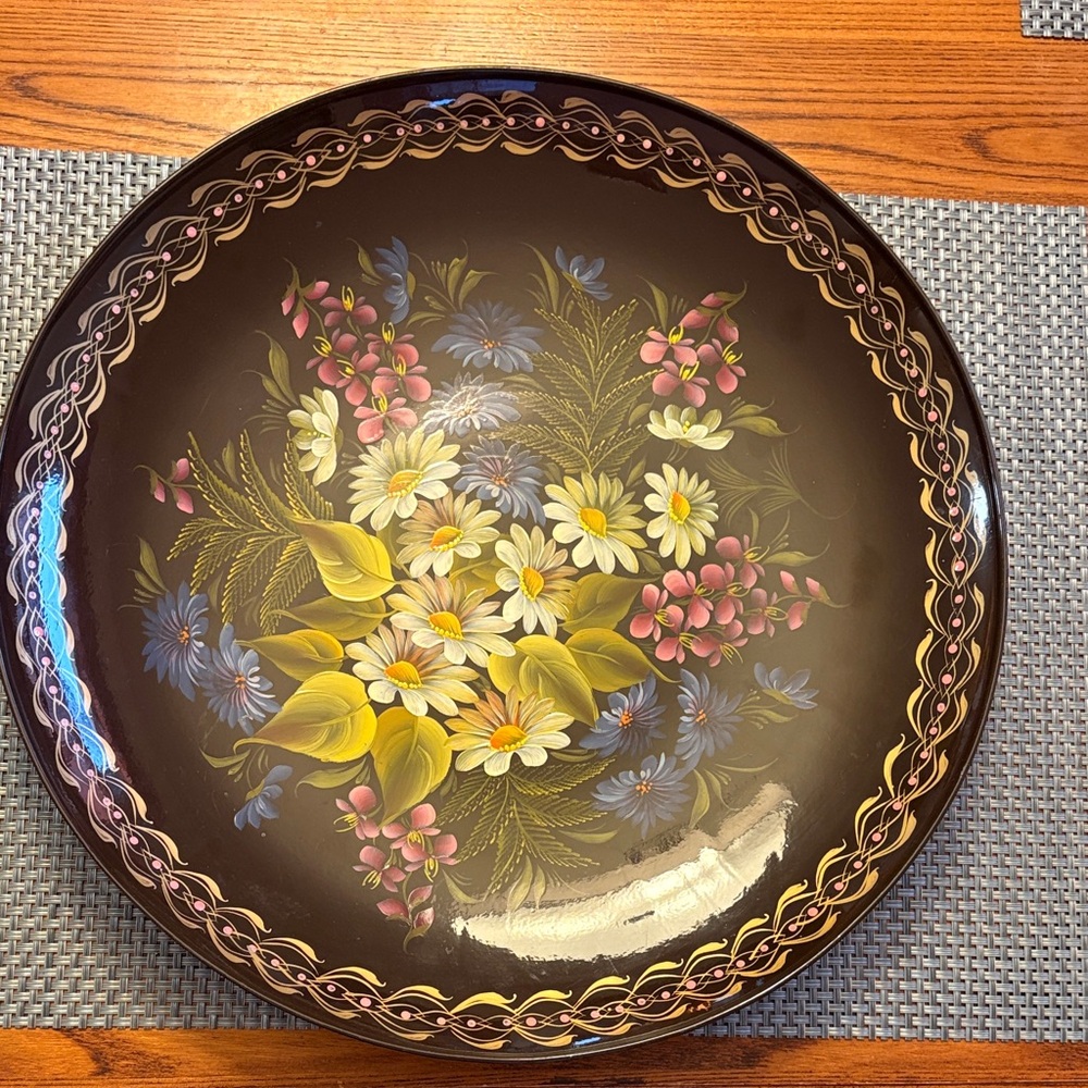 Vintage Hand-Painted Decorative Serving Tray Black with Multicolor Bouquet